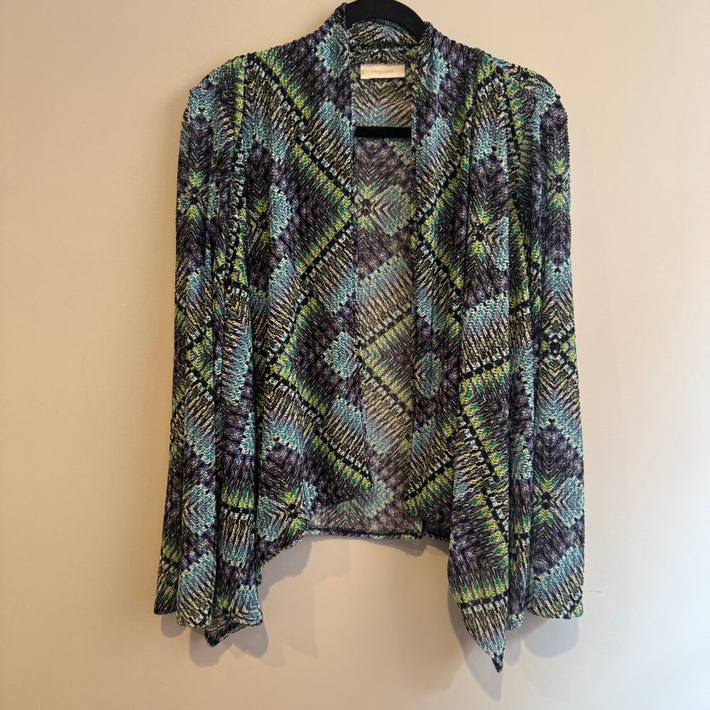 Chico's Green Multicolor Geometric Mesh Cardigan Open Front Long Sleeve Sz 2/L